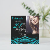 21st Birthday Party Teal Blue 21 Zebra Photo 4 Invitation (Standing Front)