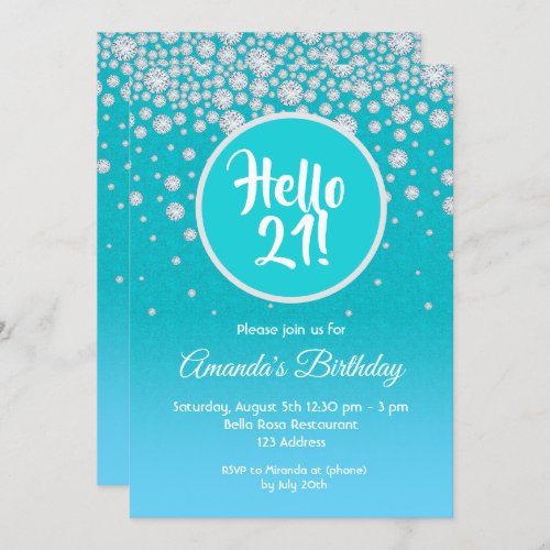 21st birthday party teal blue diamonds glitter invitation