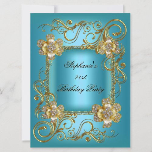 21st Birthday Party Teal Blue Gold Diamond Invitation