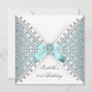 21st Birthday Party Teal Blue Silver White Diamond Invitation