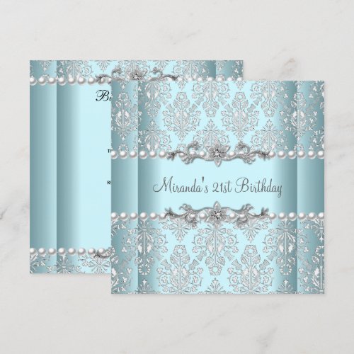 21st Birthday Party Teal Blue White Pearl Silver Announcements