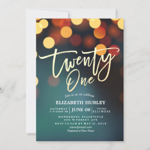 21st Birthday Party Teal Gold Bokeh String Lights Invitation