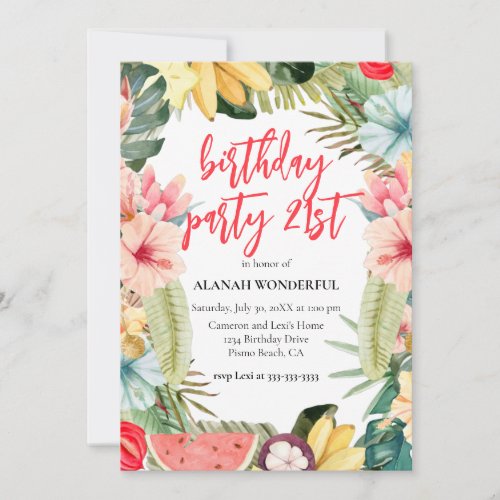 21st Birthday Party Tropical Floral Watercolor Invitation
