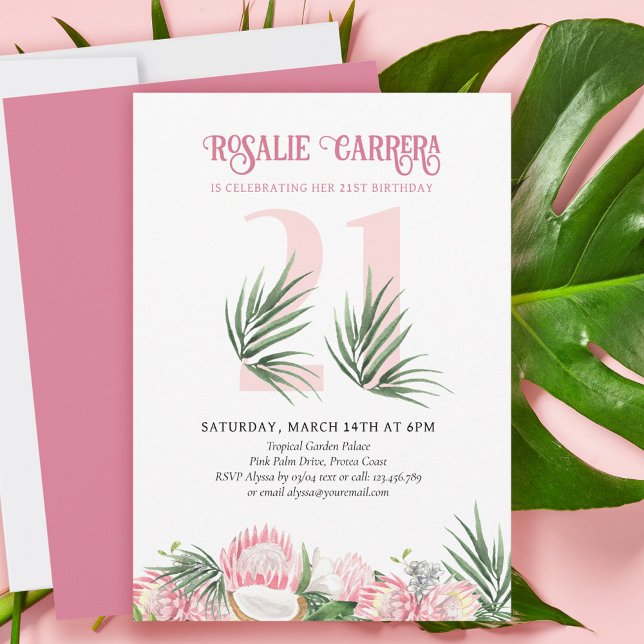 21st Birthday Party Tropical Pink Protea Number 21 Invitation (Creator Uploaded)
