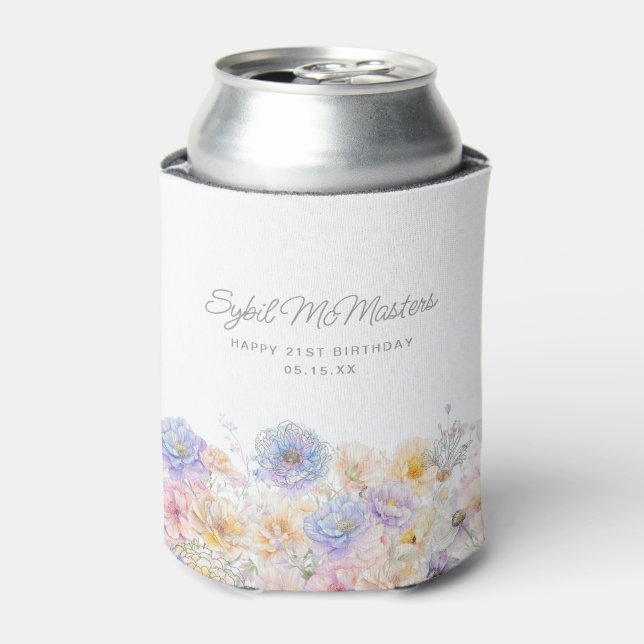 21st Birthday Party Watercolor Floral Custom Can Cooler (Can Front)