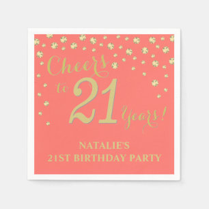 21st Birthday Party White and Coral Diamond Napkins