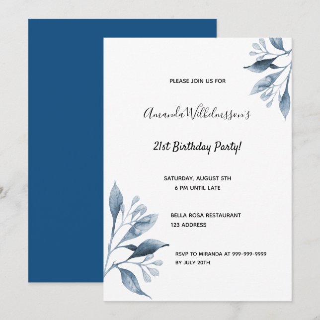 21st birthday party white blue florals botanical invitation (Front/Back)