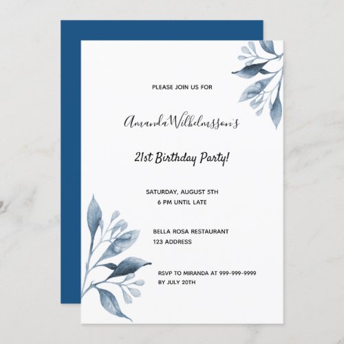 21st birthday party white blue florals botanical invitation