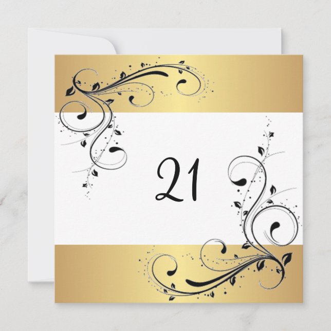 21st Birthday Party White Gold Black Floral Invitation (Front)