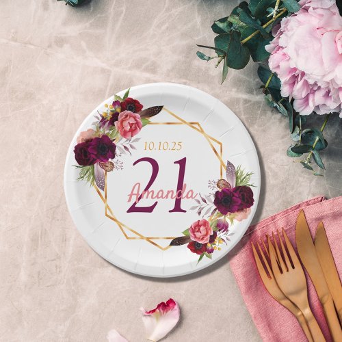 21st birthday party white gold geo floral burgundy paper plates