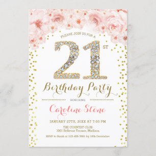 21st Birthday Party - White Gold Pink Invitation