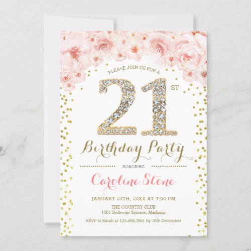 21st Birthday Party _ White Gold Pink Invitation