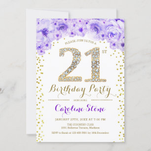 21st Birthday Party - White Gold Purple Invitation