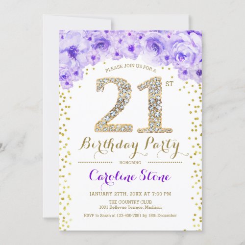 21st Birthday Party _ White Gold Purple Invitation