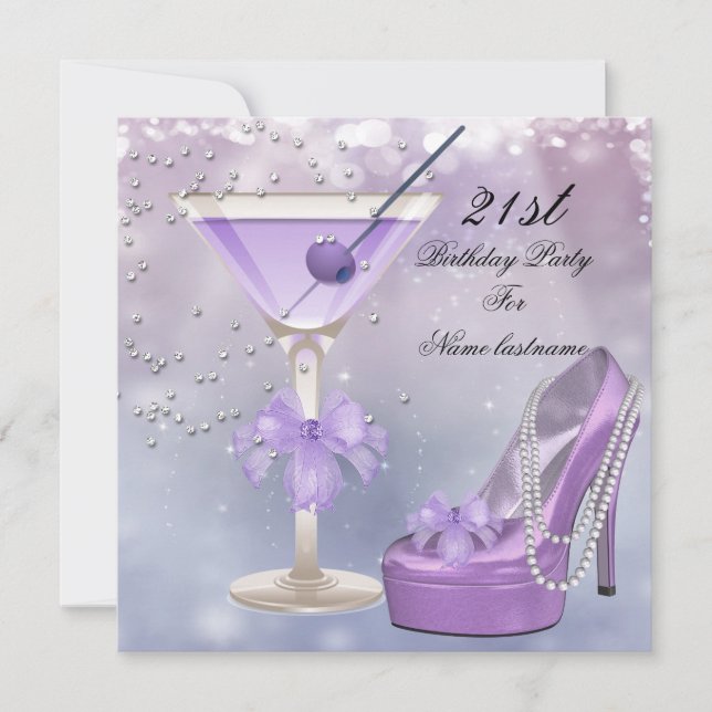 21st Birthday Party White Lilac Martini Purple Invitation (Front)