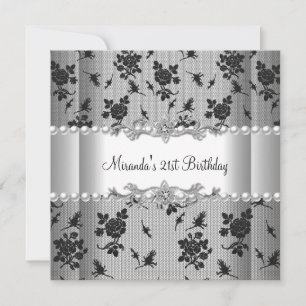 21st Birthday Party White Pearl Black Lace Invitation