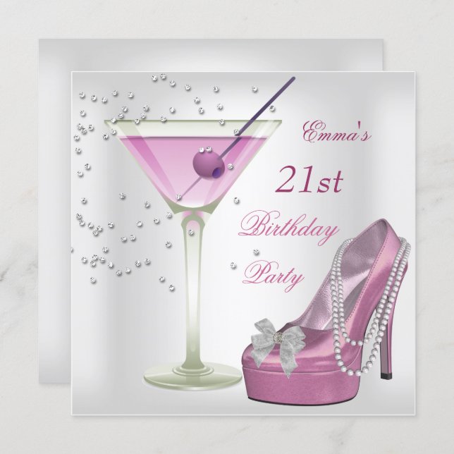 21st Birthday Party White Pink Martini Shoes Invitation (Front/Back)