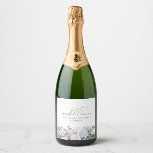 21st Birthday Party White Rose Blue Floral Custom Sparkling Wine Label