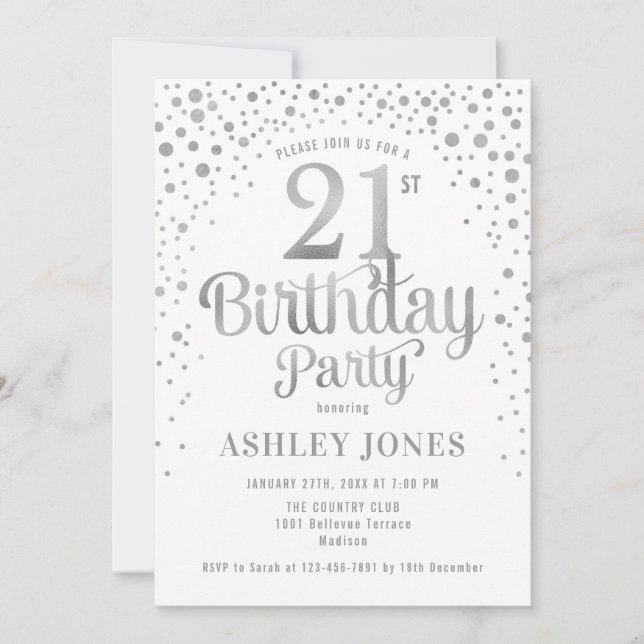 21st Birthday Party - White & Silver Invitation (Front)