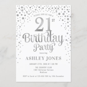 21st Birthday Party - White & Silver Invitation