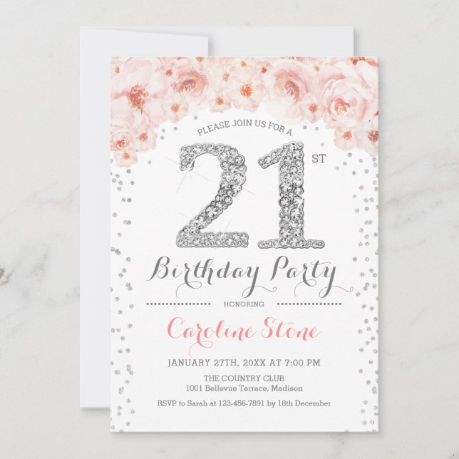 21st Birthday Party - White Silver Pink Invitation (Front)