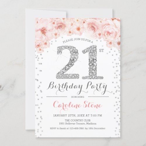 21st Birthday Party _ White Silver Pink Invitation