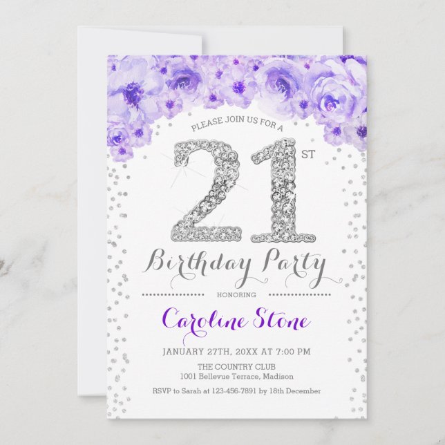 21st Birthday Party - White Silver Purple Invitation (Front)