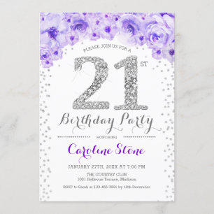 21st Birthday Party - White Silver Purple Invitation