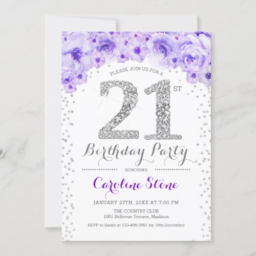 21st Birthday Party _ White Silver Purple Invitation