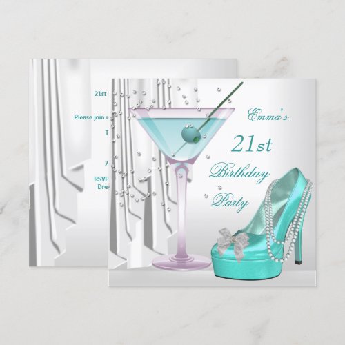 21st Birthday Party White Teal Martini Pearl Shoe Custom Announcements