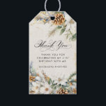 21st Birthday Party White Winter Floral Favor Gift Tags<br><div class="desc">Elegant winter white flowers are nestled in pine greenery and pinecones. The soft ivory white watercolor wash background is accented with gold flecks to create a sophisticated and chic aesthetic.</div>