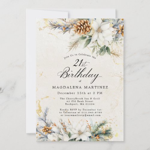 21st Birthday Party Winter White Floral Greenery Invitation