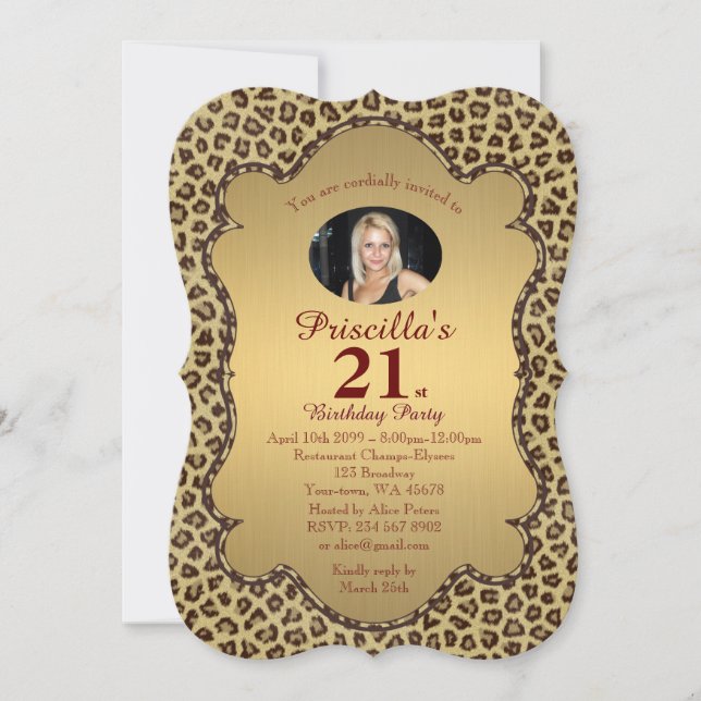 21st, Birthday Party Woman 21st, Cheetah, photo Invitation (Front)