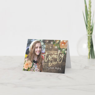 21st Birthday Party Wood Floral String Light Photo Invitation