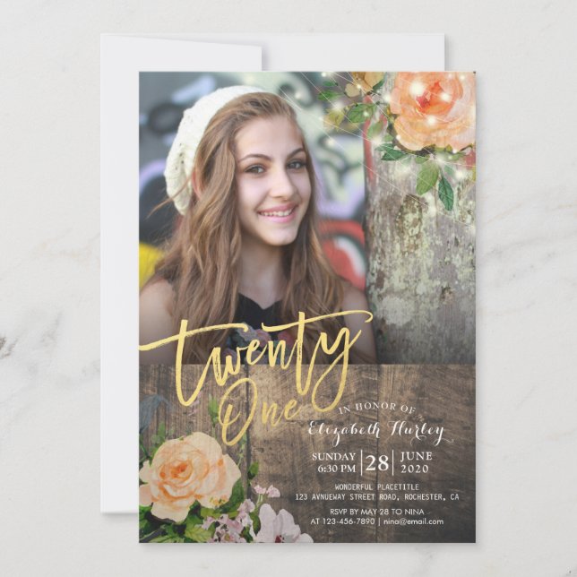 21st Birthday Party Wood Floral String Light Photo Invitation (Front)