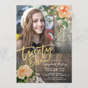 21st Birthday Party Wood Floral String Light Photo Invitation
