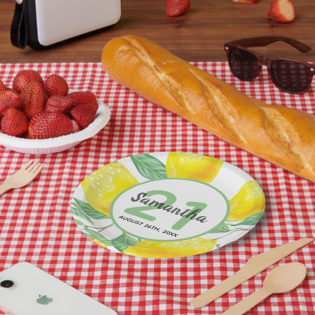 21st birthday party yellow lemons name paper plates (Picnic)