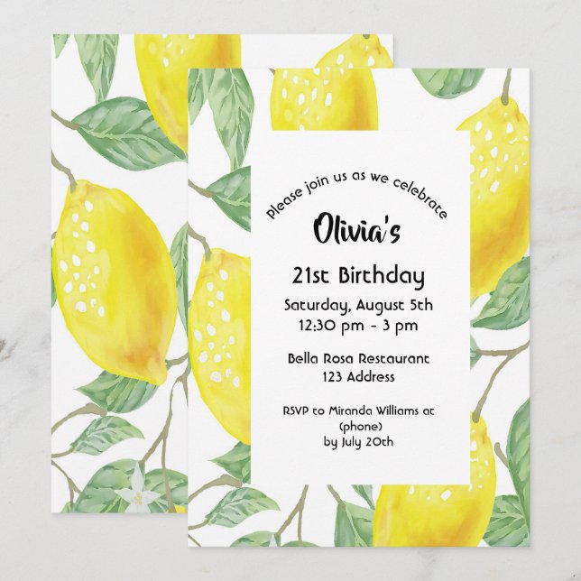 21st birthday party yellow lemons white invitation (Front/Back)