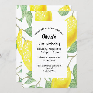 21st birthday party yellow lemons white invitation
