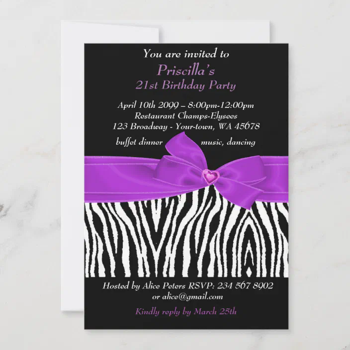21st Birthday Party Zebra Black Purple White Invitation Zazzle Com