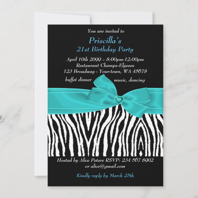 21st Birthday Party, Zebra, black turquoise white Invitation (Front)