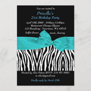 21st Birthday Party, Zebra, black turquoise white Invitation