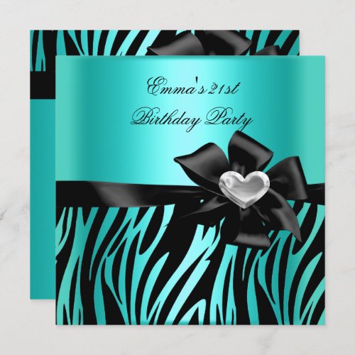 21st Birthday Party Zebra Silver Teal Blue Black Invitation