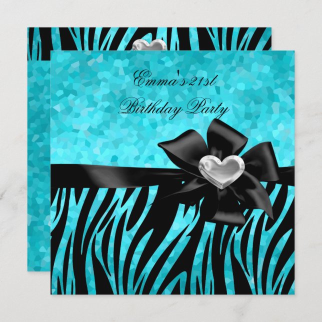 21st Birthday Party Zebra Silver Teal Blue Black Invitation (Front/Back)