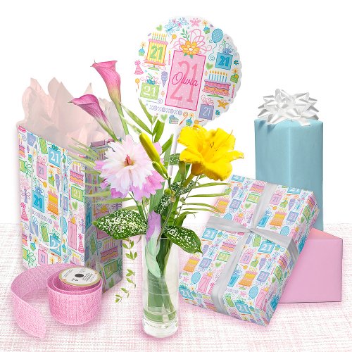 21st Birthday Pastel Pink Cake Presents Balloons W Wrapping Paper Sheets