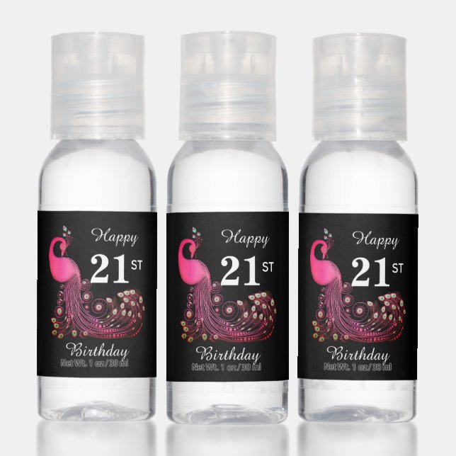 21st Birthday Peacock Thank You Favor on Black Hand Sanitizer (Set)