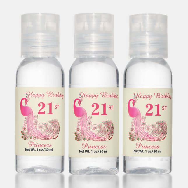21st Birthday Peacock Thank You Favor on Ivory Hand Sanitizer (Set)