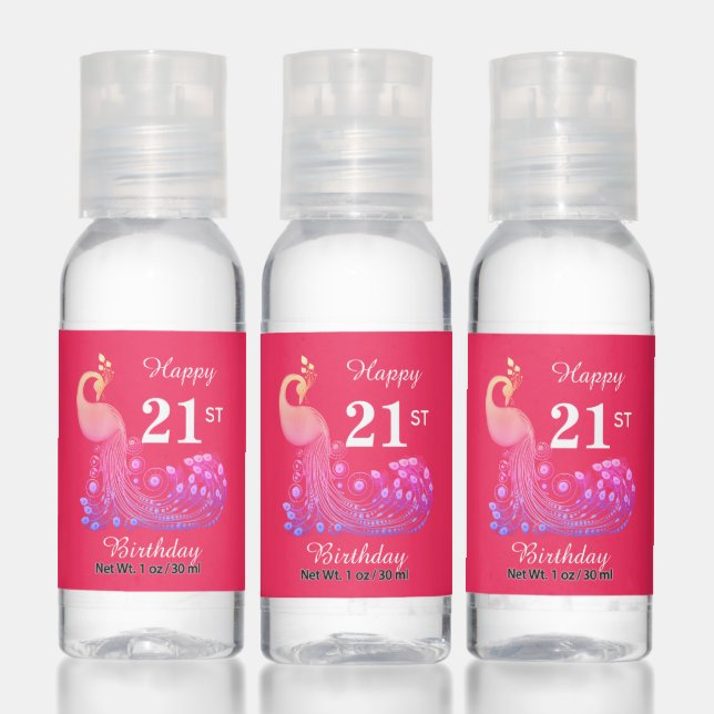 21st Birthday Peacock Thank You Favor on Magenta Hand Sanitizer (Set)