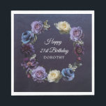 21st Birthday Personalized Moody Purple Flower Napkins<br><div class="desc">Moody and mysterious purple roses and peonies set the tone for this elegant 21st birthday party napkin. White and blue flowers add a pop of color to the dark watercolor wreath. Happy 21st Birthday and the birthday celebrant's name are in the center. The bright white script gives it an elegant...</div>