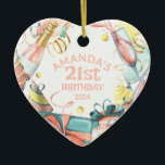 21st Birthday Personalized Name Year Girl Heart Ceramic Ornament<br><div class="desc">Festive birthday deign includes a champagne bottle,  champagne glass,  lots of presents,  streamers and confetti. Text is a girly pink.</div>